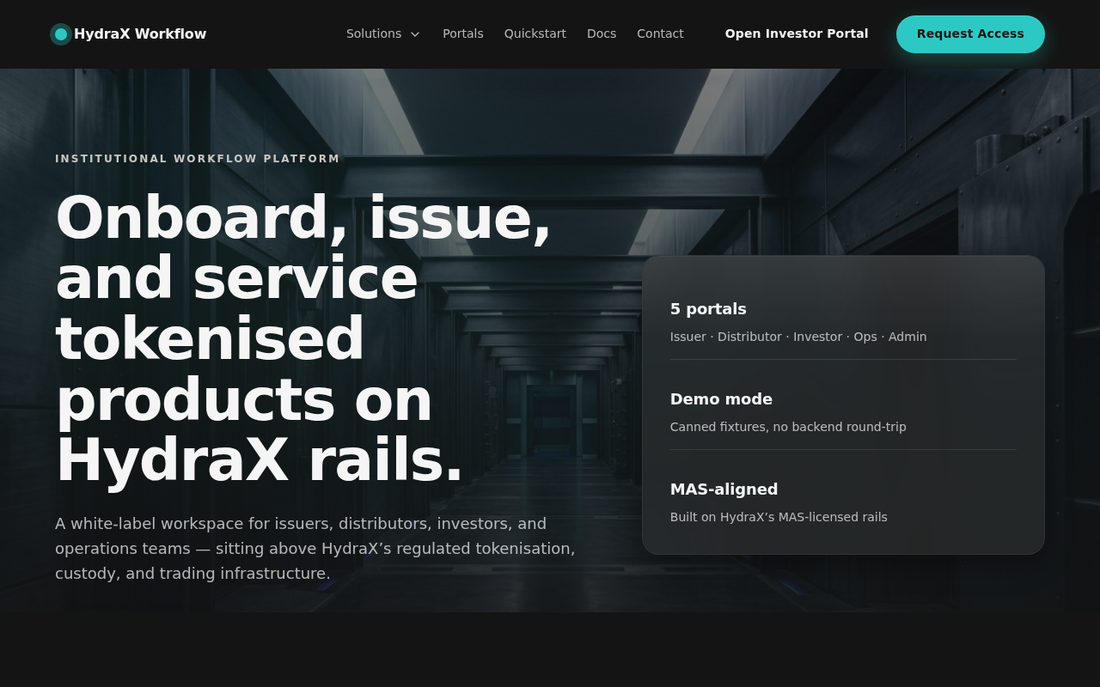 HydraxRail institutional marketing landing page above the Canton tokenisation rails